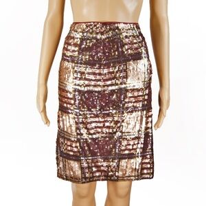 Riani Metallic Gold Purple Sequin Abstract Geometric Pattern Midi Skirt